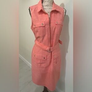 ⭐️ Sharagano Women coral  Zipper Front Sheath Dress Belted SZ 10 EUC 🥰